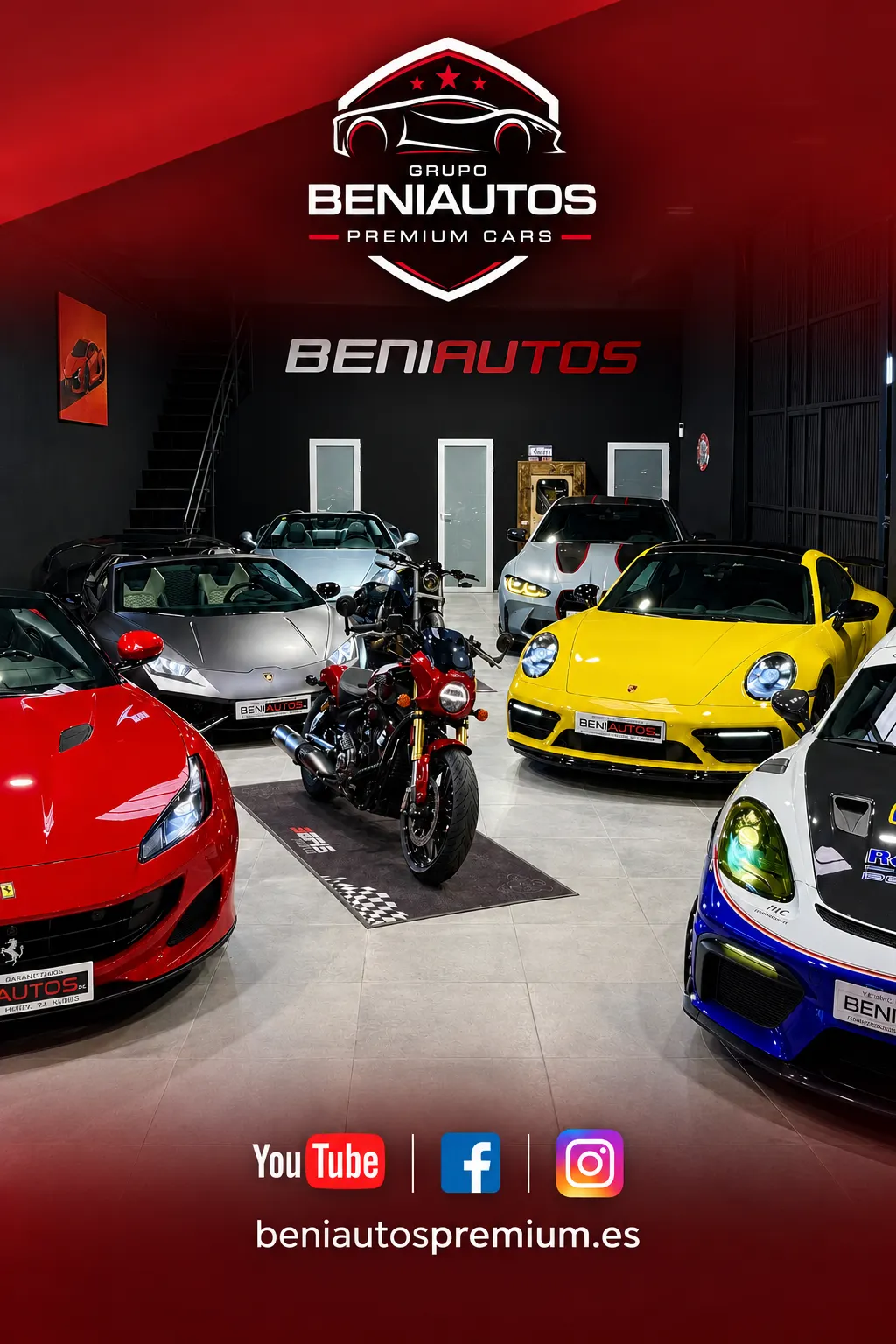 Exposición de Grupo Beniautos Premium Cars con deportivos, SUV y una moto de alta gama